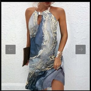 Glam Ocean wave blue marble mini dress gold keyhole neckline NWT size large 12